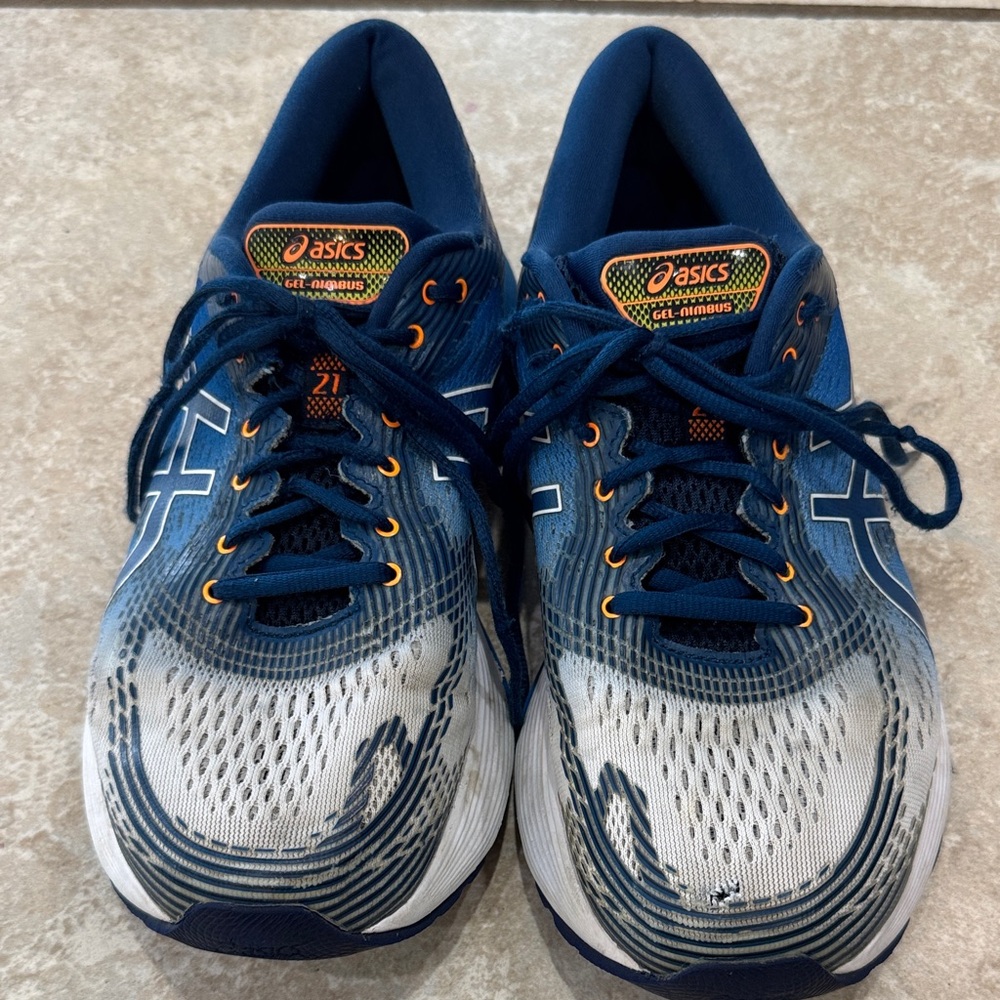 Men’s ASICS Gel Nimbus 21 Navy and White Sneakers with Orange Highlights